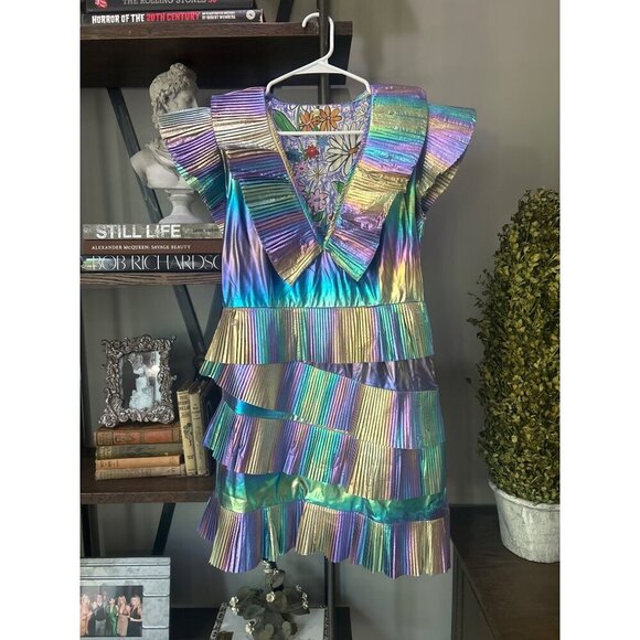 Celia B Acke Metalic Pleated Mini Dress Multi Womens Size Large - Picture 6 of 16